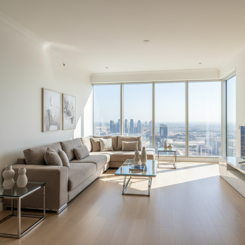 A bright, spacious residential living room styled in contemporary neutral tones, featuring a plush taupe sectional sofa, sleek glass coffee table with a chrome base, and pale oak flooring. Large floor-to-ceiling windows showcase sweeping vistas of Dubai’s cityscape, letting soft midday sunlight pour in and create gentle highlights and natural shadows. Minimalist decorative accents—matte ceramic vases, abstract art—are carefully positioned for balance and composure. The image is shot from a slightly elevated angle, employing a rule-of-thirds composition and sharp focus throughout. The mood is calm, welcoming, and refined, evoking professionalism and transparency in real estate presentation.