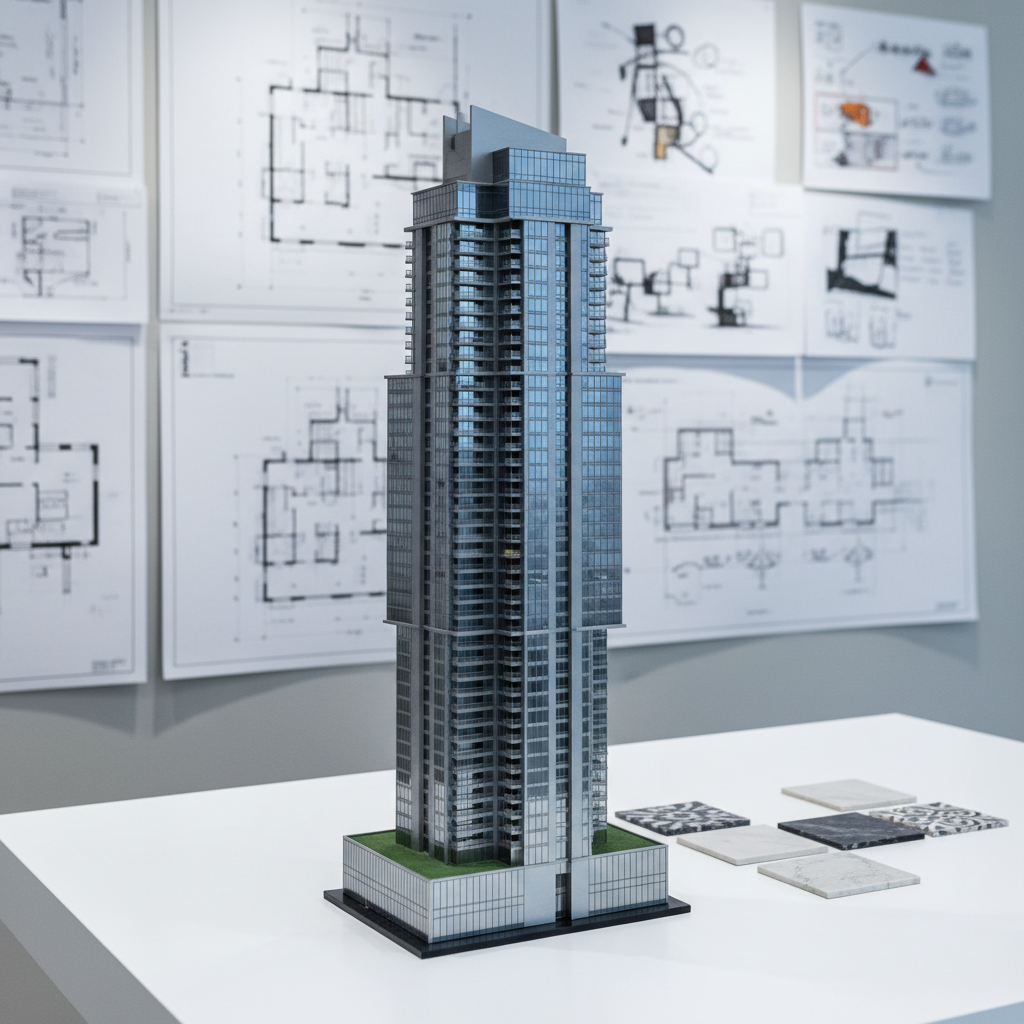 A detailed model of a Dubai residential high-rise tower, constructed from fine brushed steel and glass, sits atop a clean white architectural presentation table. The backdrop features printed blueprints, architectural sketches, and small sample swatches of stone and tile, suggesting investment analysis and planning. Soft studio lighting highlights the precision of the miniature building while keeping the atmosphere neutral and businesslike. Captured from an eye-level perspective with shallow depth of field to gently blur the background, the composition brings the focus to the refined details and structured layout. The mood is analytical, modern, and highly professional, underscoring the investment advisory aspect of the site.