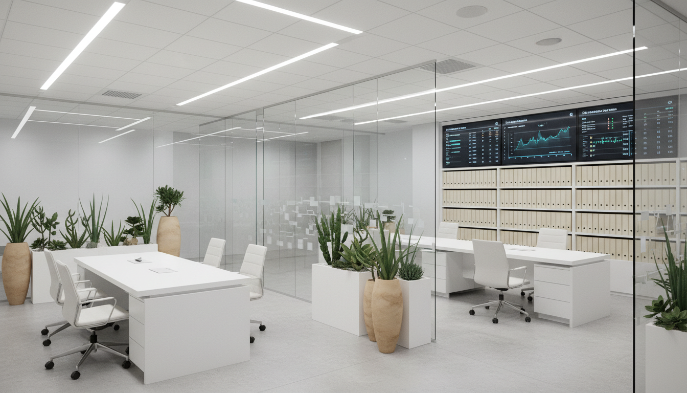 An ultra-modern residential leasing office interior with crisp, white minimalist desks, glass partitions, and strategically placed sand-colored planters filled with succulents. Behind, a backdrop of labeled property folders and digital displays featuring property data enhances the organized, high-tech feel. Cool, even overhead lighting casts minimal shadows, ensuring every line and surface is visible and clean. The composition leverages asymmetrical balance, framing the open workspace with structured focus and sharp clarity. The mood is efficient, transparent, and inviting—reflecting a professional environment dedicated to client service and organizational excellence.